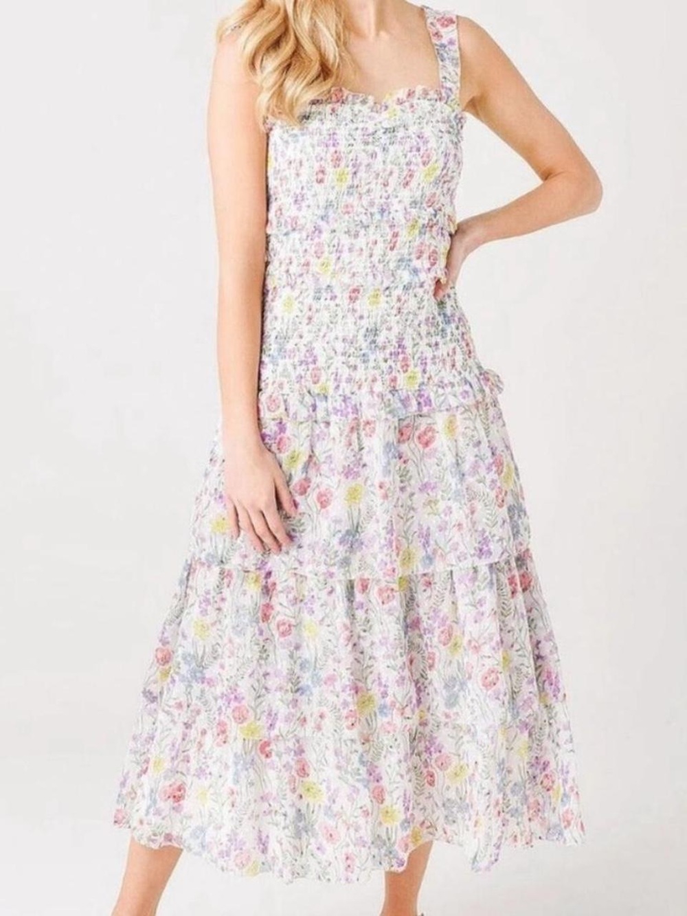 SAYLOR Floral Smocked Tiered Dress White Pink & Yellow Floral Ruffle Small